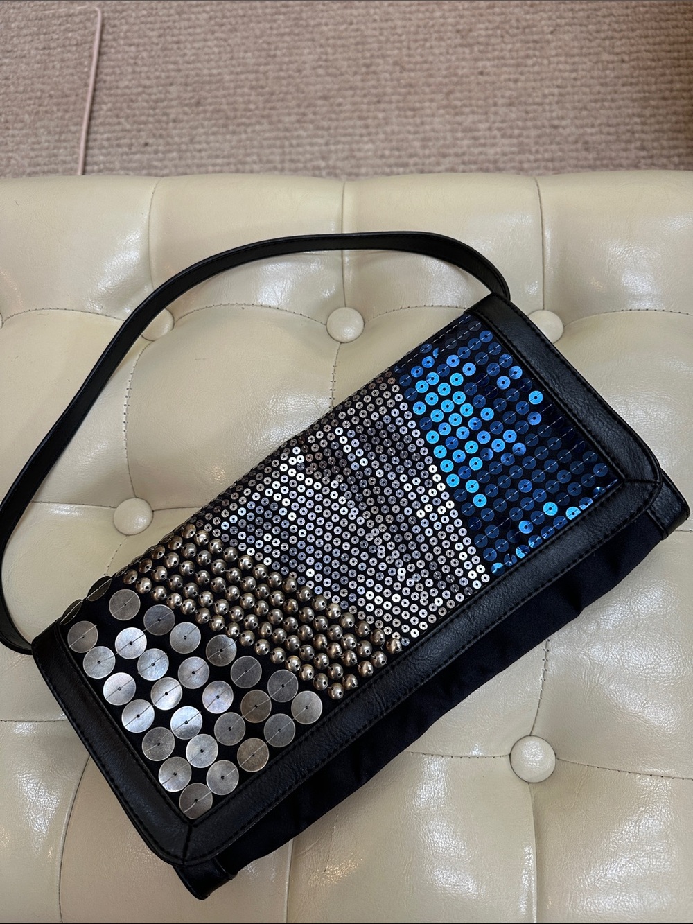 Ninewest Black Sequin & Stud Shoulder Clutch Bag